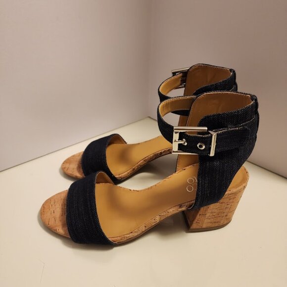 Franco Sarto Melody Blue Denim Cork Block Heel Sandals Ankle Strap Size 8 - Picture 3 of 5